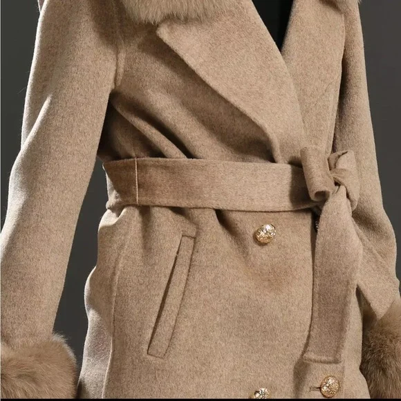🎉New Luxe High Quality Wool Blend Natural Fox Fur Collar Cashmere Coat